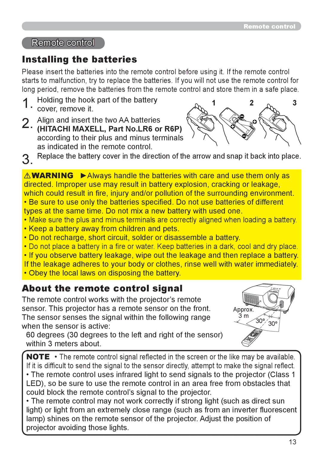 Dukane 8919H-RJ, 8920H-RJ, 8755J-RJ user manual Remote control, Installing the batteries, About the remote control signal 