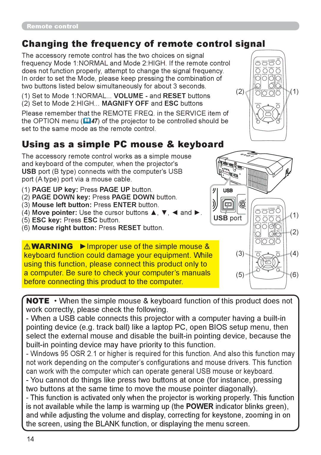 Dukane 8755J-RJ, 8920H-RJ, 8919H-RJ Changing the frequency of remote control signal, Using as a simple PC mouse & keyboard 