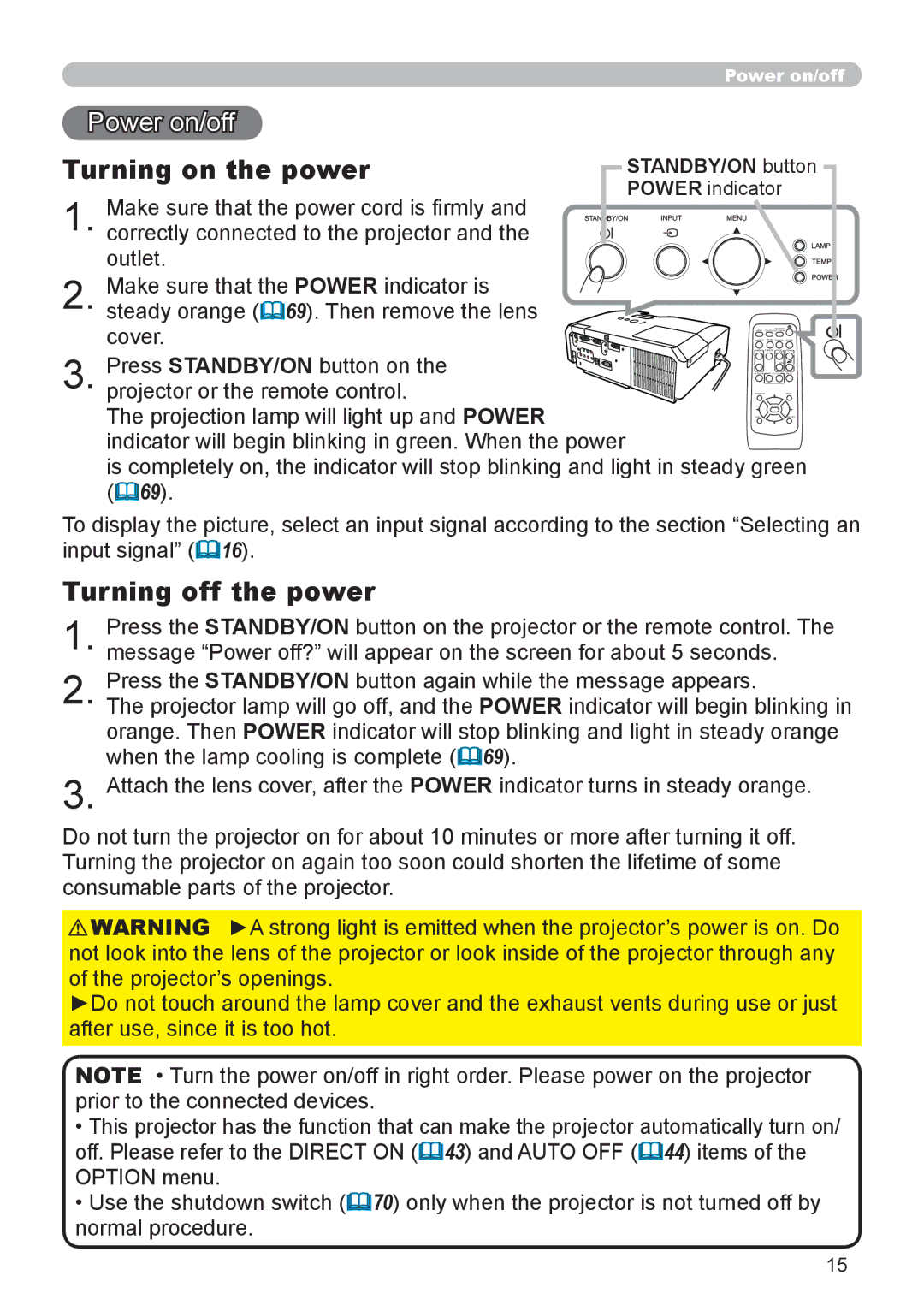 Dukane 8920H-RJ, 8919H-RJ Power on/off, Turning on the power, Turning off the power, STANDBY/ON button Power indicator 