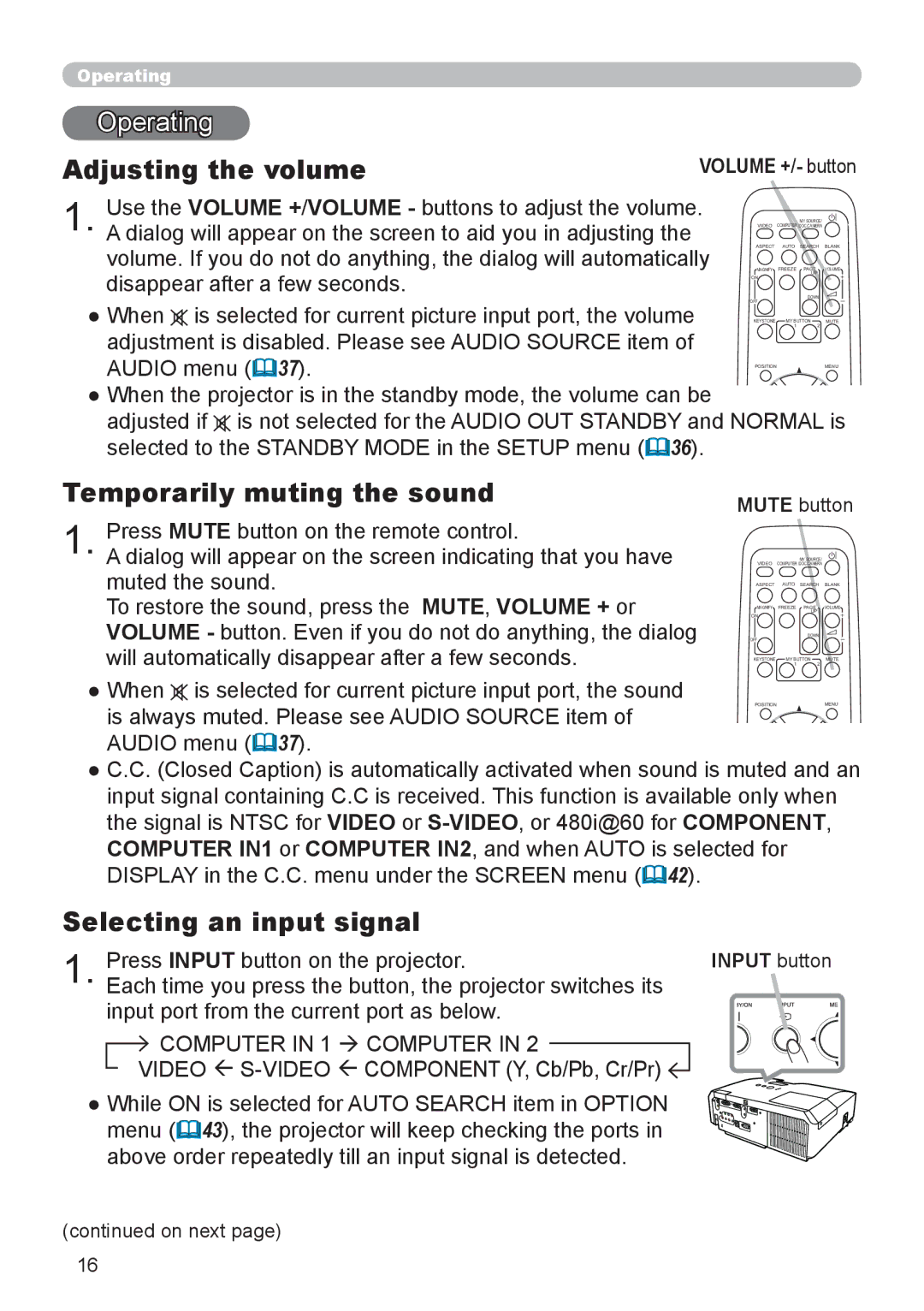 Dukane 8919H-RJ, 8920H-RJ Operating, Adjusting the volume, Temporarily muting the sound, Selecting an input signal 