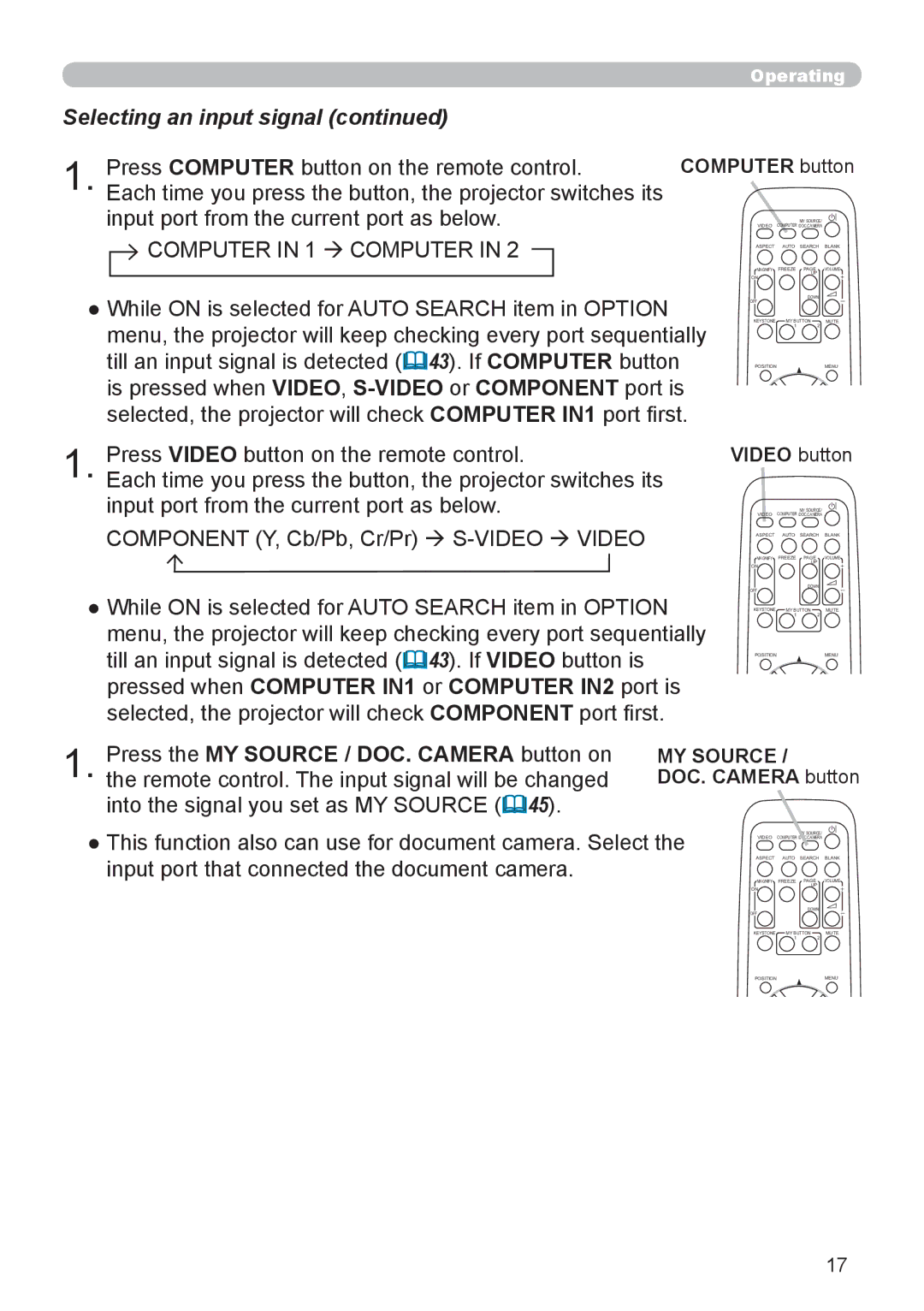 Dukane 8755J-RJ, 8920H-RJ, 8919H-RJ user manual Press the MY Source / DOC. Camera button on, Computer button, Video button 