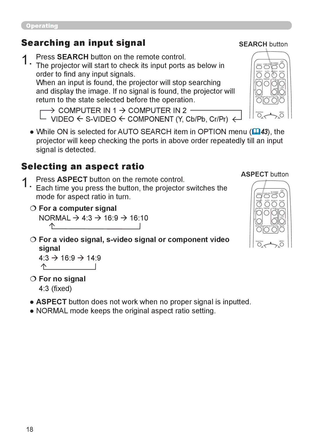 Dukane 8920H-RJ, 8919H-RJ, 8755J-RJ user manual Searching an input signal, Selecting an aspect ratio,  For a computer signal 