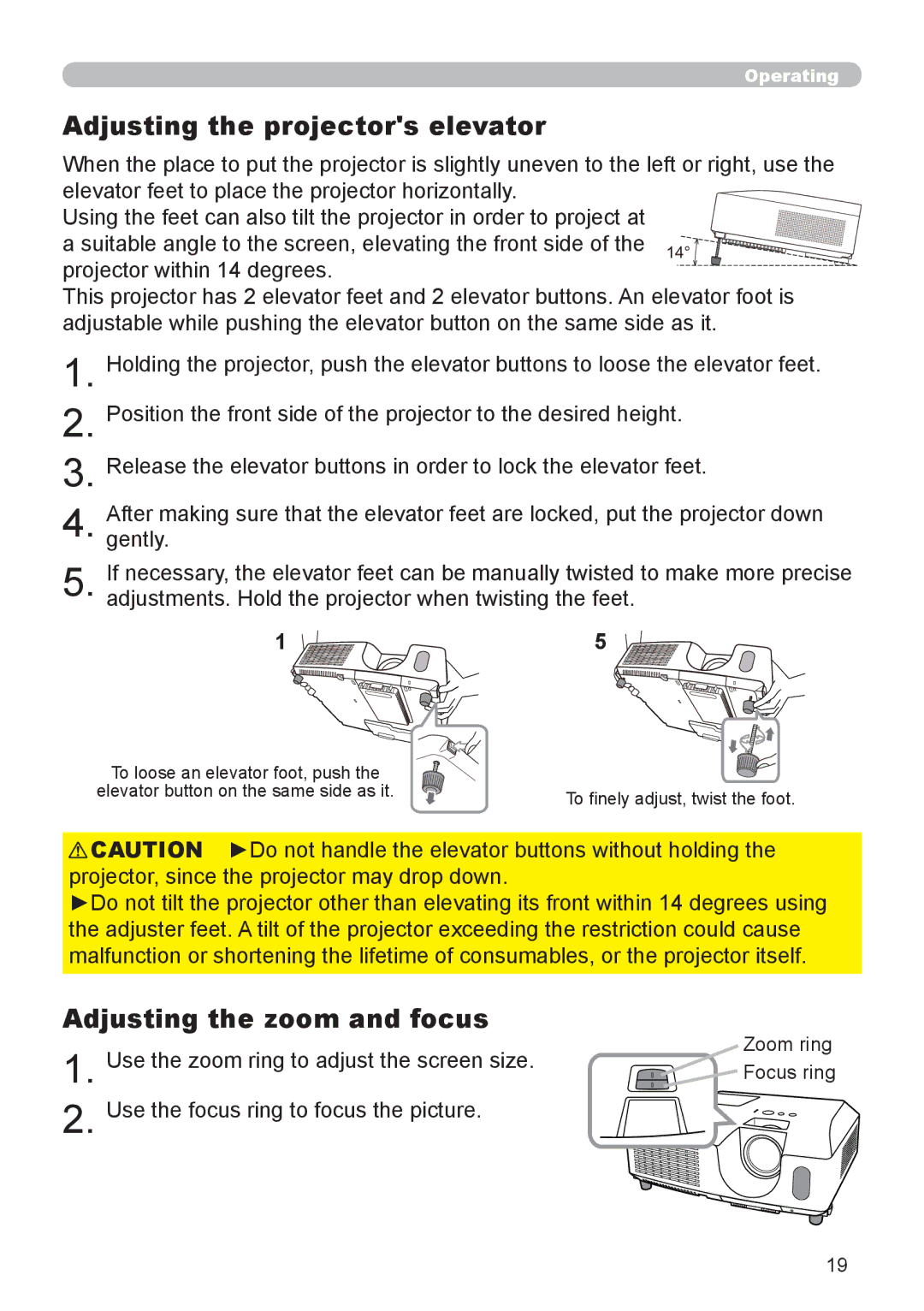 Dukane 8919H-RJ, 8920H-RJ, 8755J-RJ user manual Adjusting the projectors elevator, Adjusting the zoom and focus 