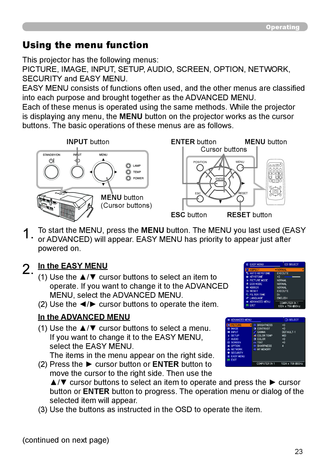 Dukane 8755J-RJ, 8920H-RJ Using the menu function, Easy Menu, Advanced Menu, Input button Enter button, Reset button 