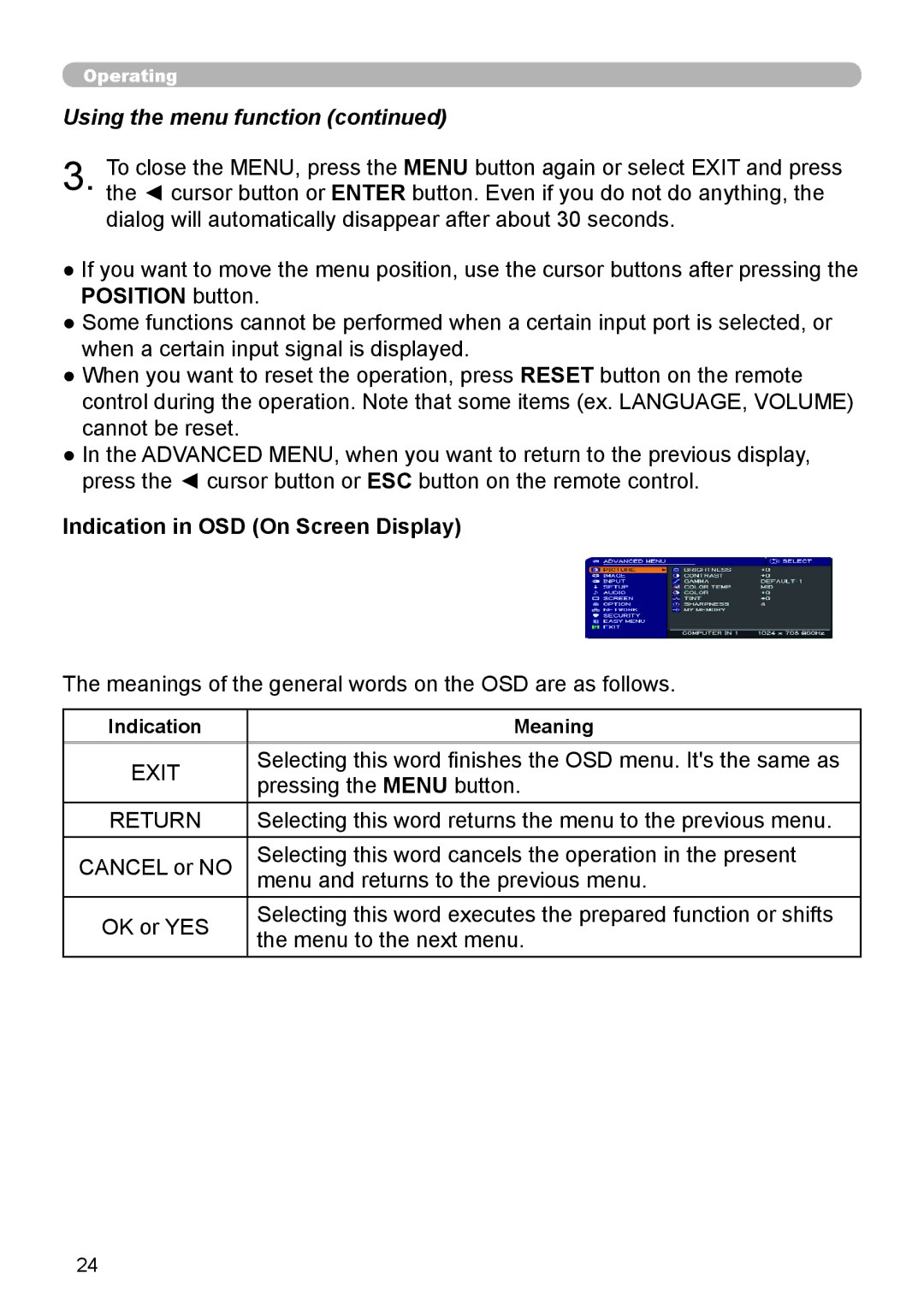 Dukane 8920H-RJ, 8919H-RJ, 8755J-RJ user manual Position button, Indication in OSD On Screen Display, Indication Meaning 