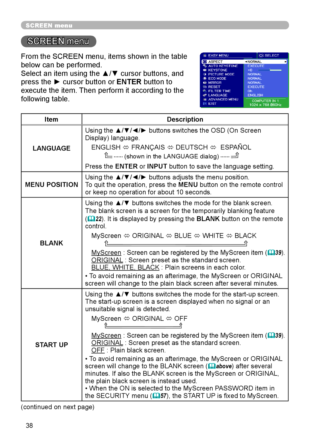 Dukane 8755J-RJ, 8920H-RJ, 8919H-RJ user manual Screen menu, Blank, Start UP 