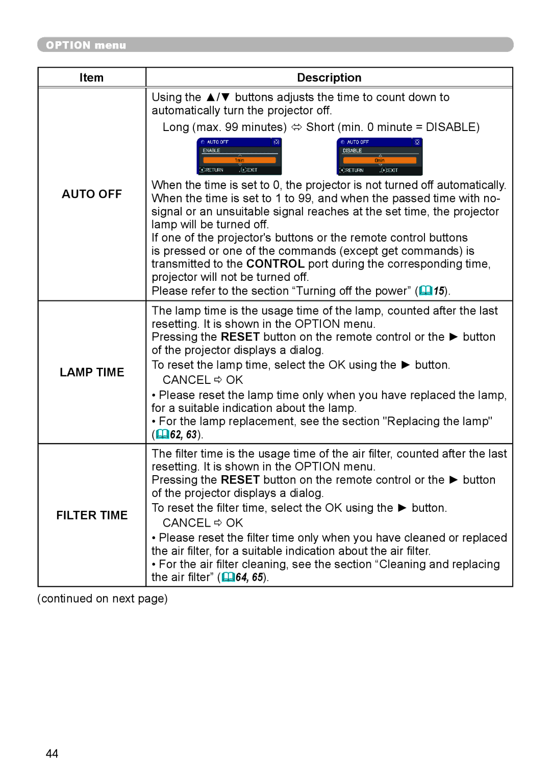 Dukane 8755J-RJ, 8920H-RJ, 8919H-RJ user manual Auto OFF, Lamp Time 