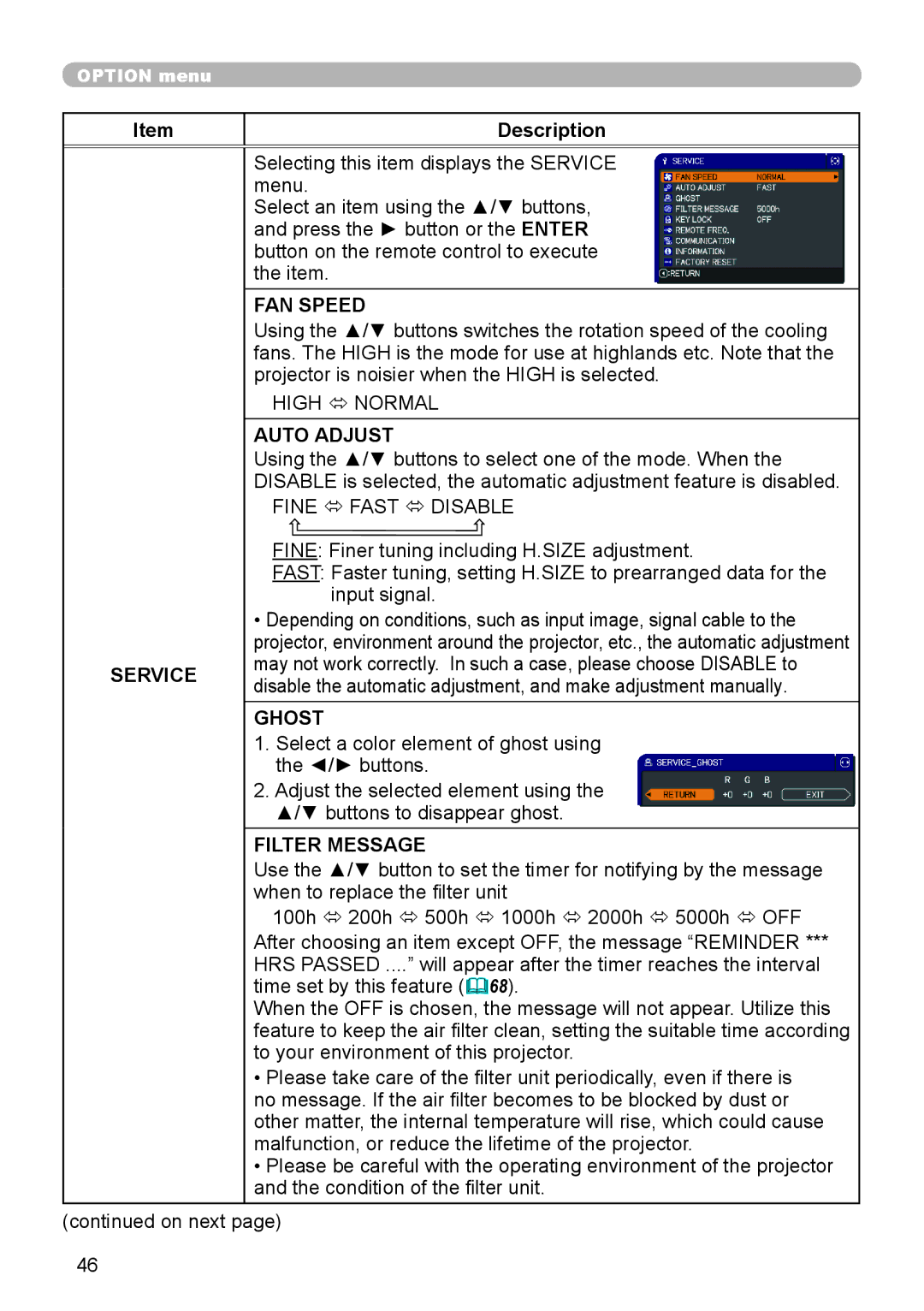 Dukane 8919H-RJ, 8920H-RJ, 8755J-RJ user manual Service, FAN Speed, Ghost, Filter Message 