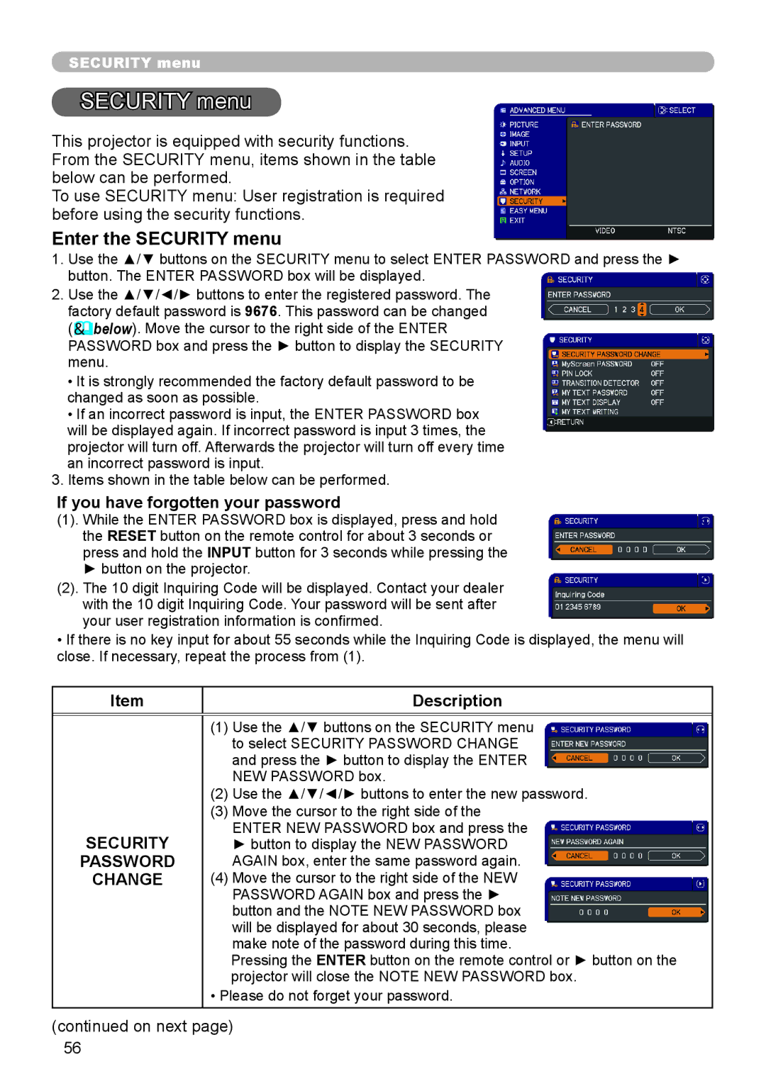 Dukane 8755J-RJ, 8920H-RJ, 8919H-RJ user manual Enter the Security menu, Password, Change 