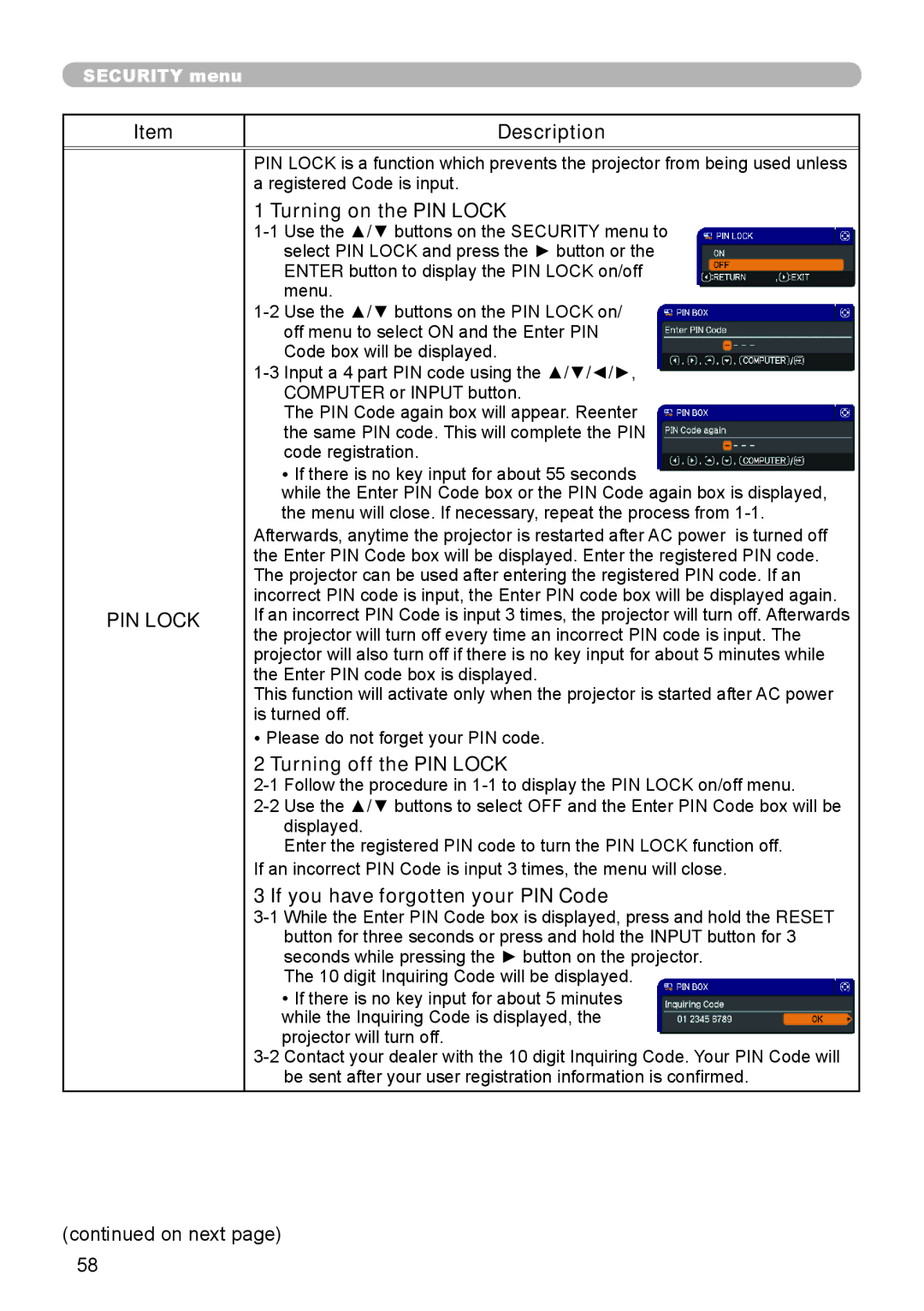 Dukane 8919H-RJ, 8920H-RJ Turning on the PIN Lock, Turning off the PIN Lock, If you have forgotten your PIN Code 