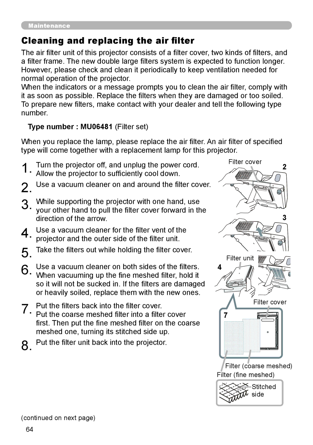 Dukane 8919H-RJ, 8920H-RJ, 8755J-RJ user manual Cleaning and replacing the air filter, Type number MU06481 Filter set 