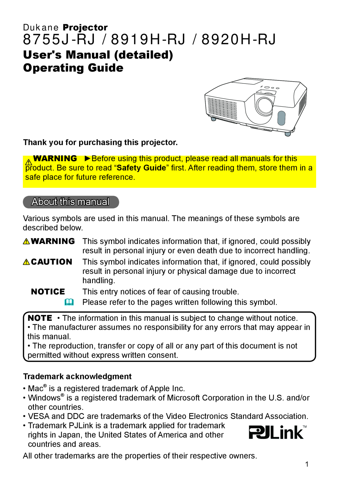 Dukane 8919H-RJ, 8920H-RJ user manual About this manual, Dukane Projector, Thank you for purchasing this projector 
