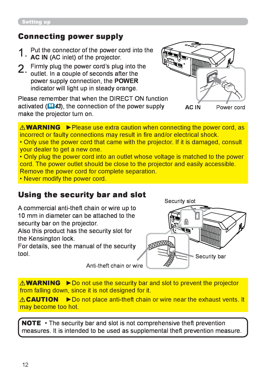 Dukane 8920H-RJ, 8919H-RJ, 8755J-RJ user manual Connecting power supply, Using the security bar and slot 