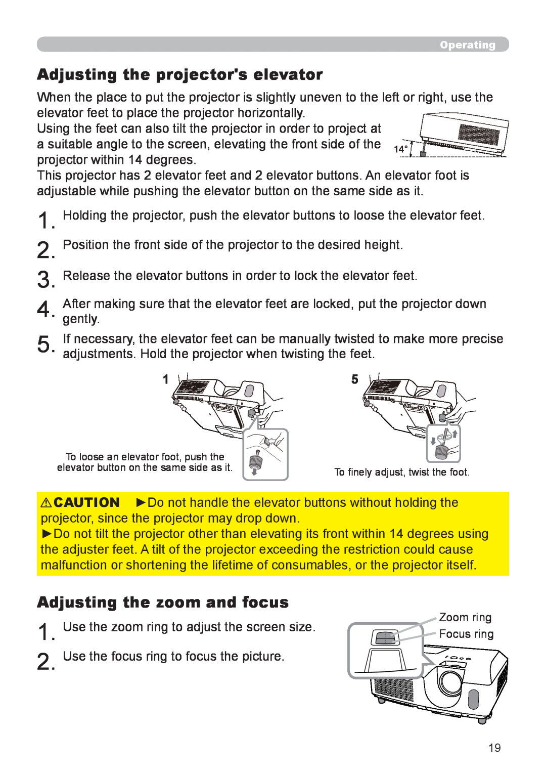 Dukane 8919H-RJ, 8920H-RJ, 8755J-RJ user manual Adjusting the projectors elevator, Adjusting the zoom and focus 