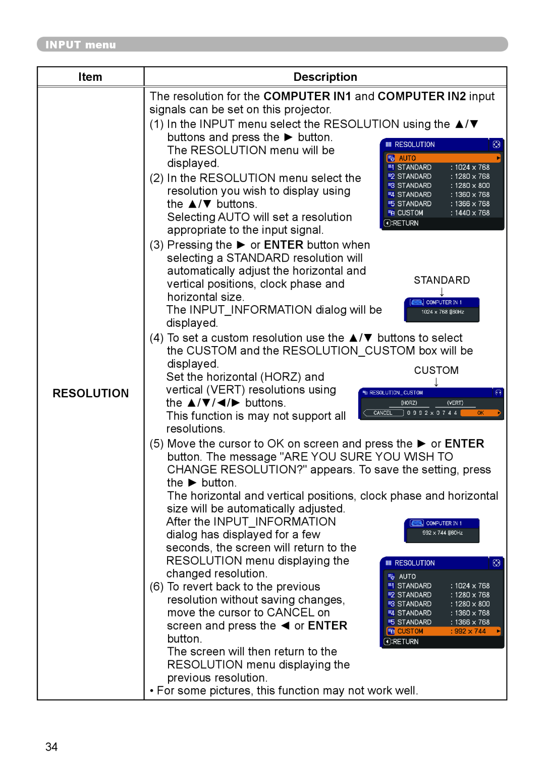 Dukane 8919H-RJ, 8920H-RJ, 8755J-RJ user manual Description, The RESOLUTION menu will be displayed, Resolution 