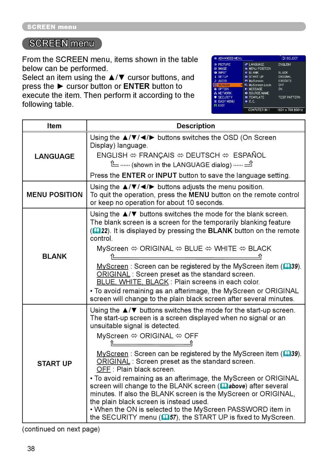 Dukane 8755J-RJ, 8920H-RJ, 8919H-RJ user manual SCREEN menu, Description, Language, Blank, Start Up 