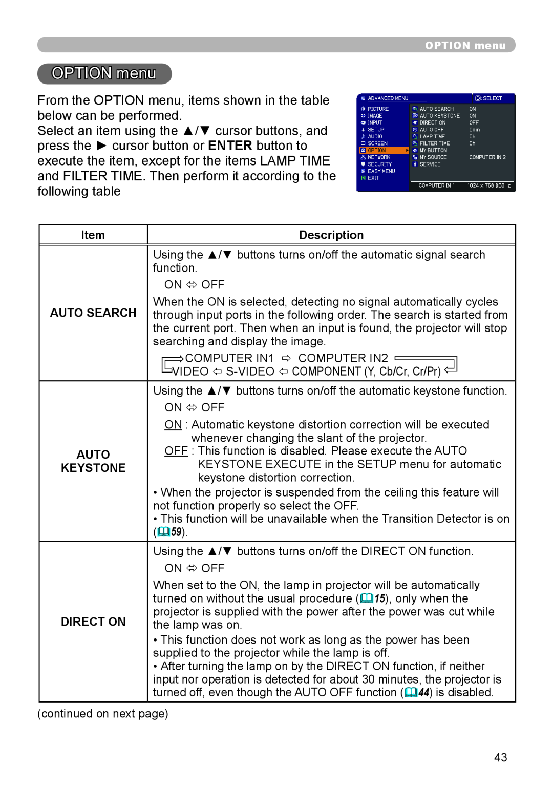 Dukane 8919H-RJ, 8920H-RJ, 8755J-RJ user manual OPTION menu, Description, Auto Search, Keystone, Direct On 