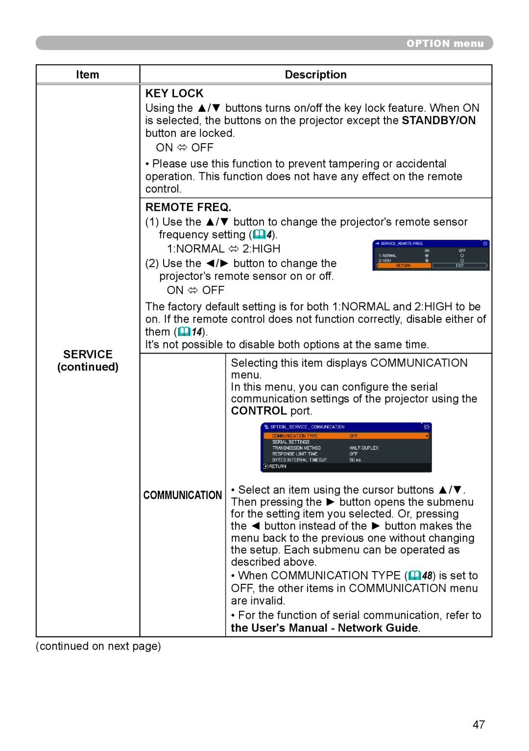 Dukane 8755J-RJ Description, Key Lock, Remote Freq, Service, continued, CONTROL port, the Users Manual - Network Guide 