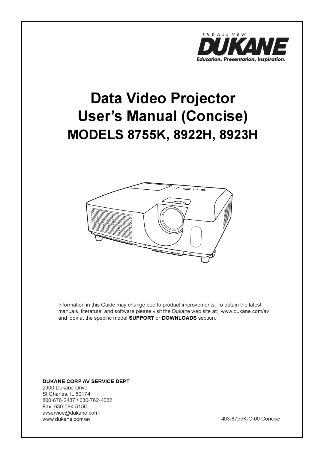 Dukane 8922H, 8923H, 8755K user manual Data Video Projector User’s Manual Concise 