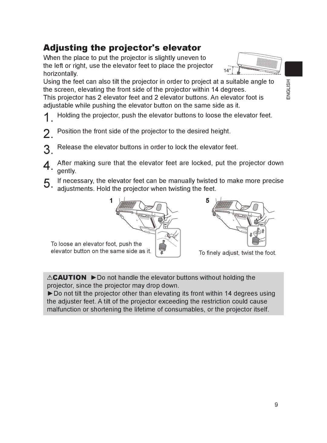 Dukane 8922H, 8923H, 8755K user manual Adjusting the projectors elevator 