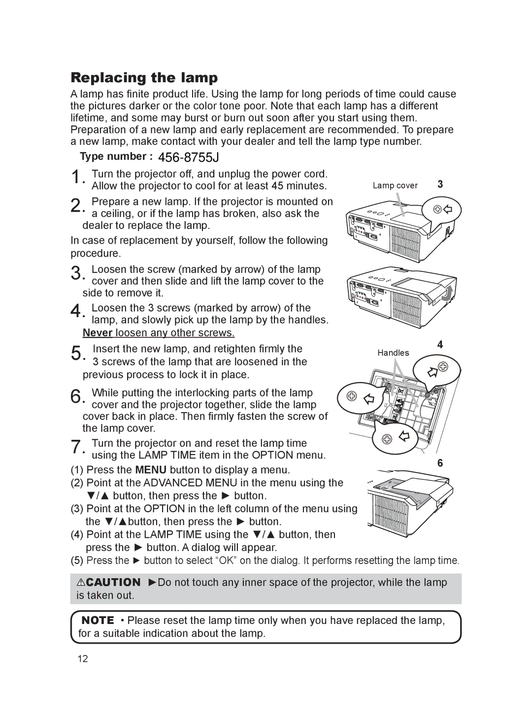 Dukane 8922H, 8923H, 8755K user manual Replacing the lamp, Type number 4456-8755J 