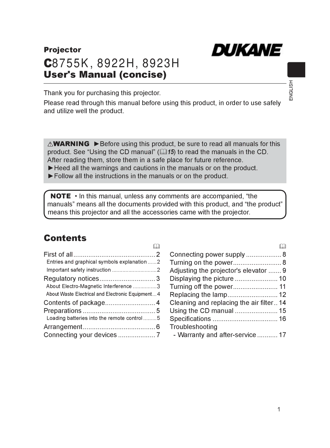 Dukane user manual C8755K, 8922H, 8923H, Contents 