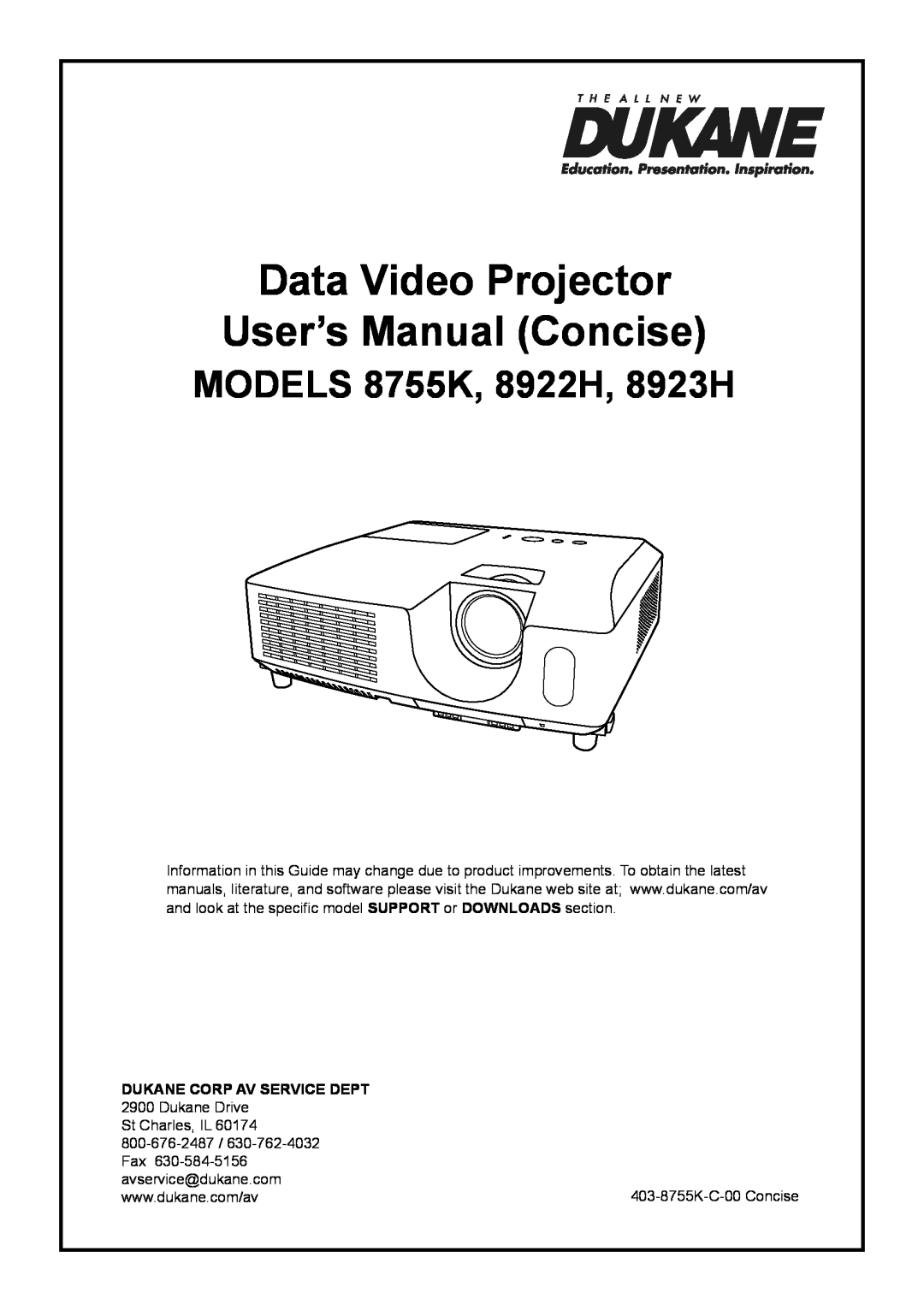 Dukane user manual Data Video Projector User’s Manual Concise, ModelS 8755K, 8922H, 8923H, Dukane Corp Av Service Dept 
