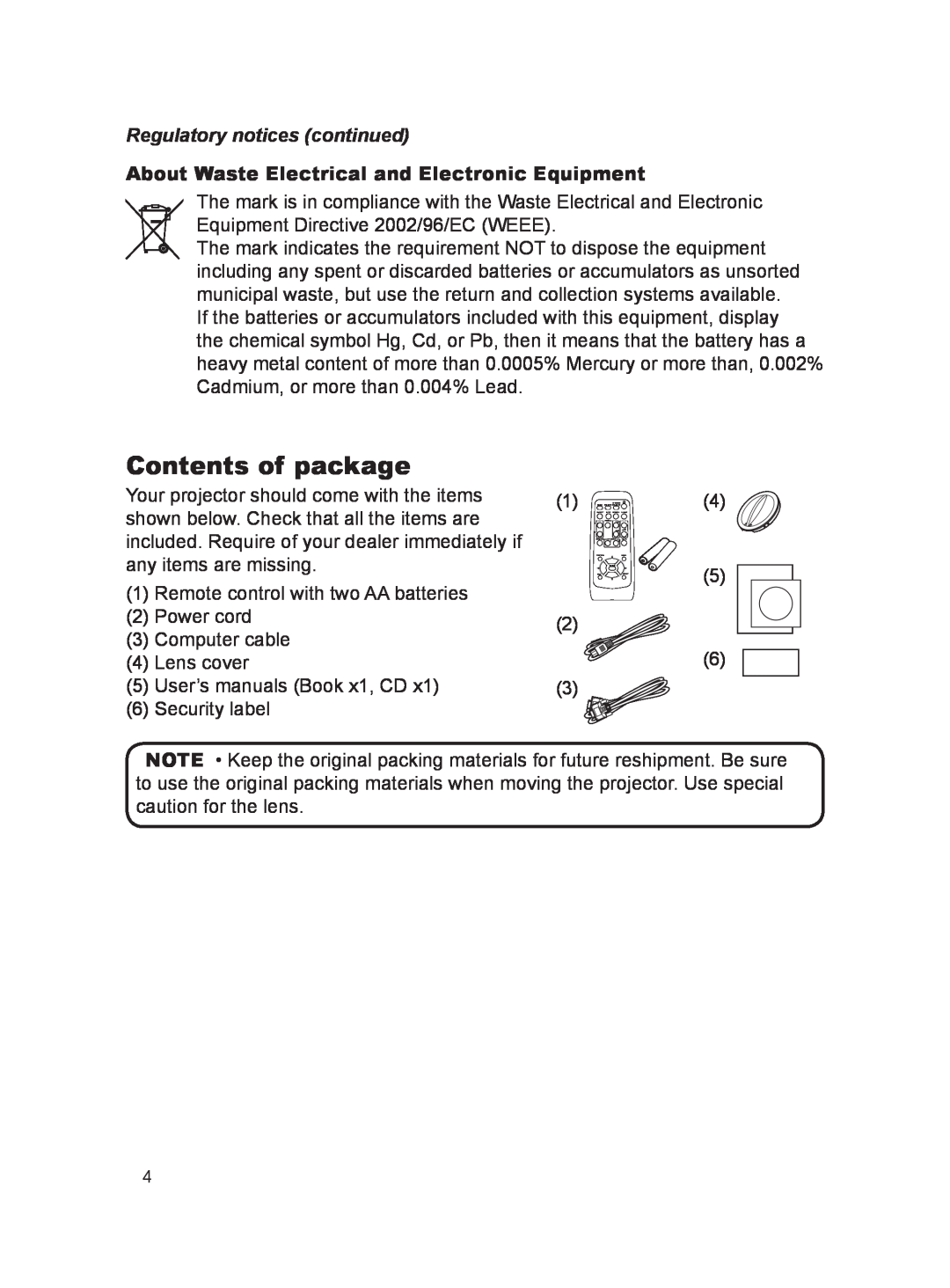 Dukane 8755K, 8923H Contents of package, Regulatory notices continued, About Waste Electrical and Electronic Equipment 