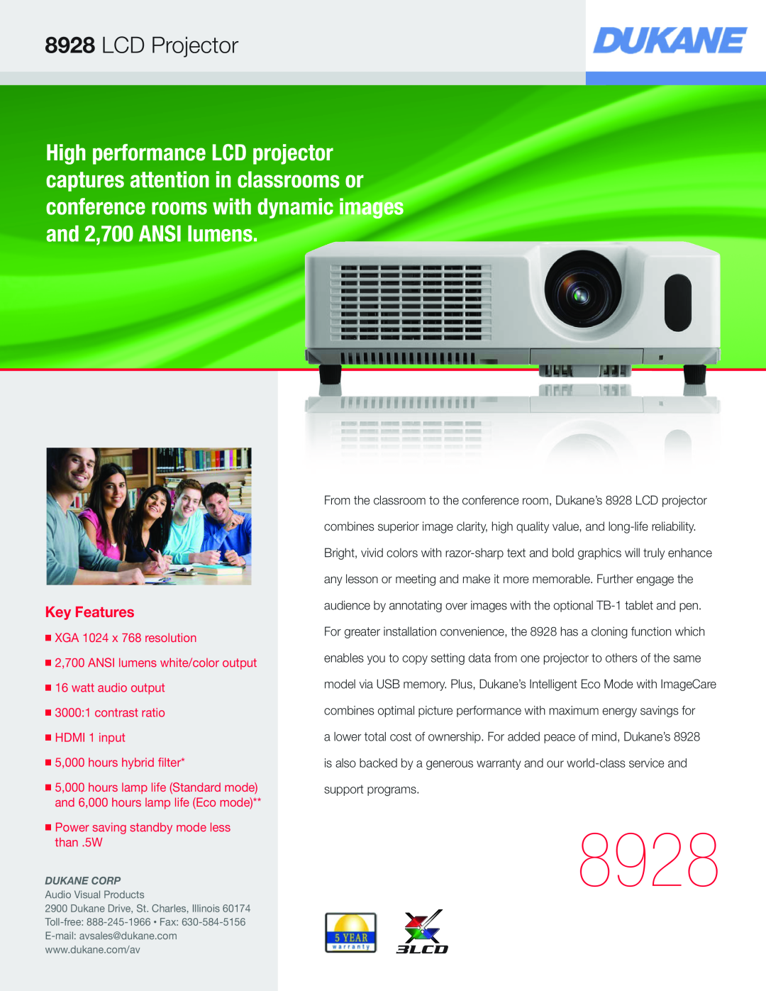 Dukane 8928 warranty LCD Projector, Key Features, XGA 1024 x 768 resolution 2,700 ANSI lumens white/color output 