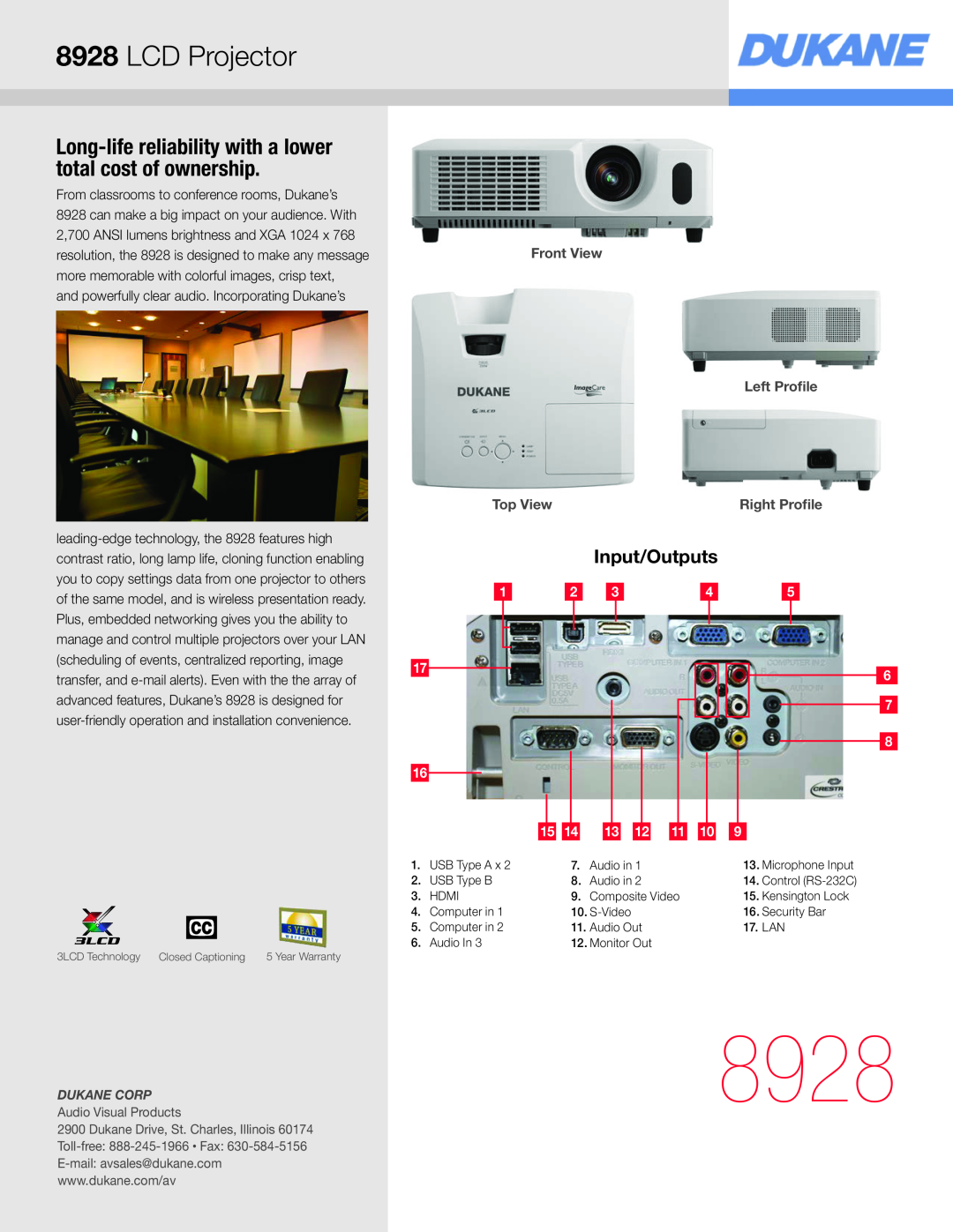 Dukane 8928 warranty LCD Projector, Long-life reliability with a lower total cost of ownership, Input/Outputs, Top View 