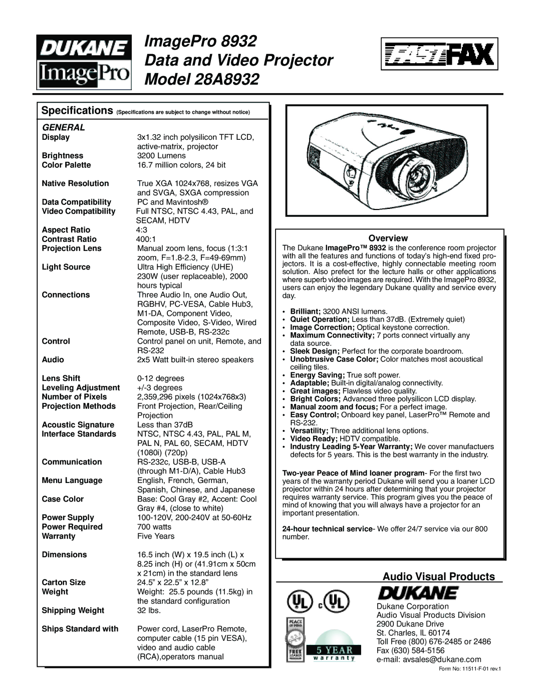 Dukane specifications ImagePro Data and Video Projector Model 28A8932, Audio Visual Products, General, Overview 