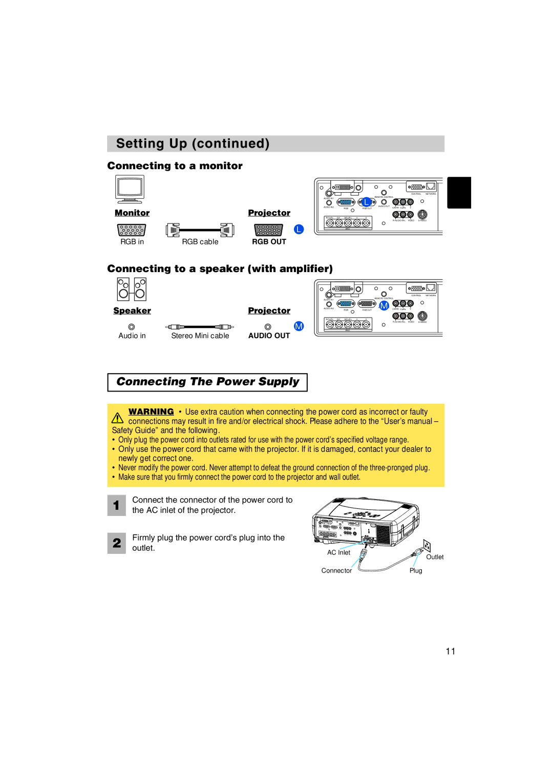 Dukane 8935 user manual Connecting The Power Supply, MonitorProjector, SpeakerProjector, Safety Guide and the following 