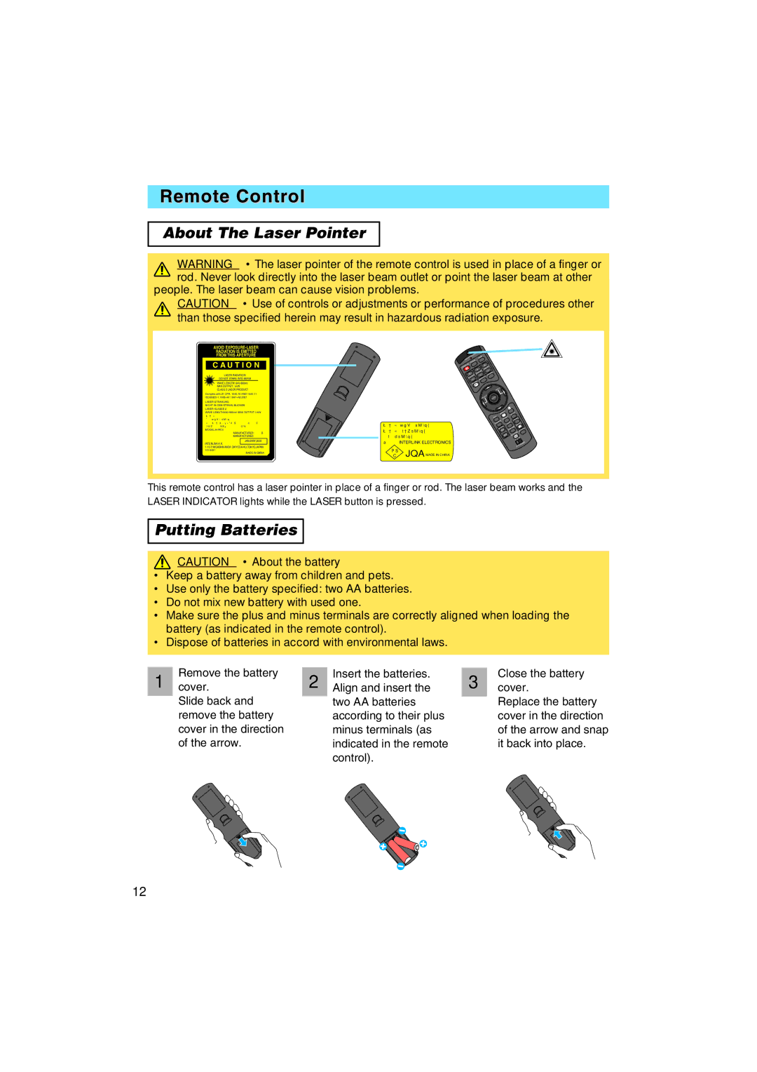 Dukane 8935 Remote Control, About The Laser Pointer, Putting Batteries, People. The laser beam can cause vision problems 