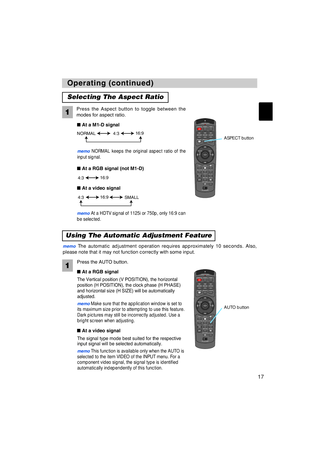 Dukane 8935 Selecting The Aspect Ratio, Using The Automatic Adjustment Feature, At a M1-D signal, At a RGB signal 