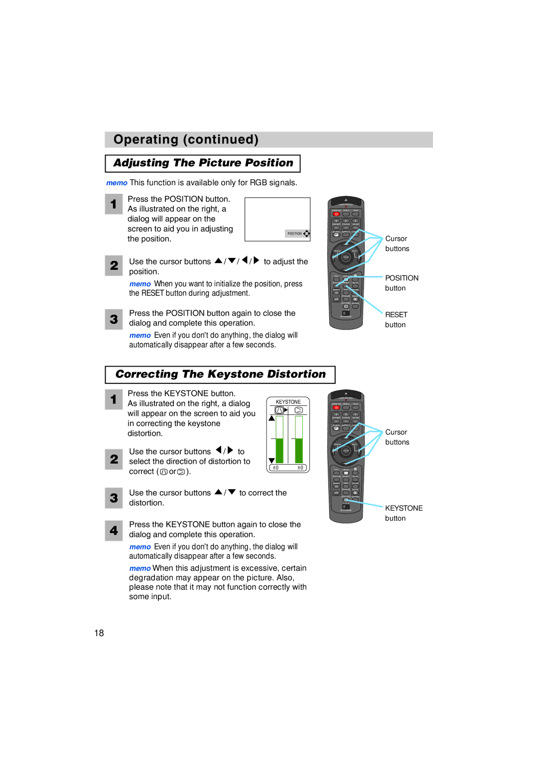 Dukane 8935 user manual Adjusting The Picture Position, Correcting The Keystone Distortion, Position Use the cursor buttons 