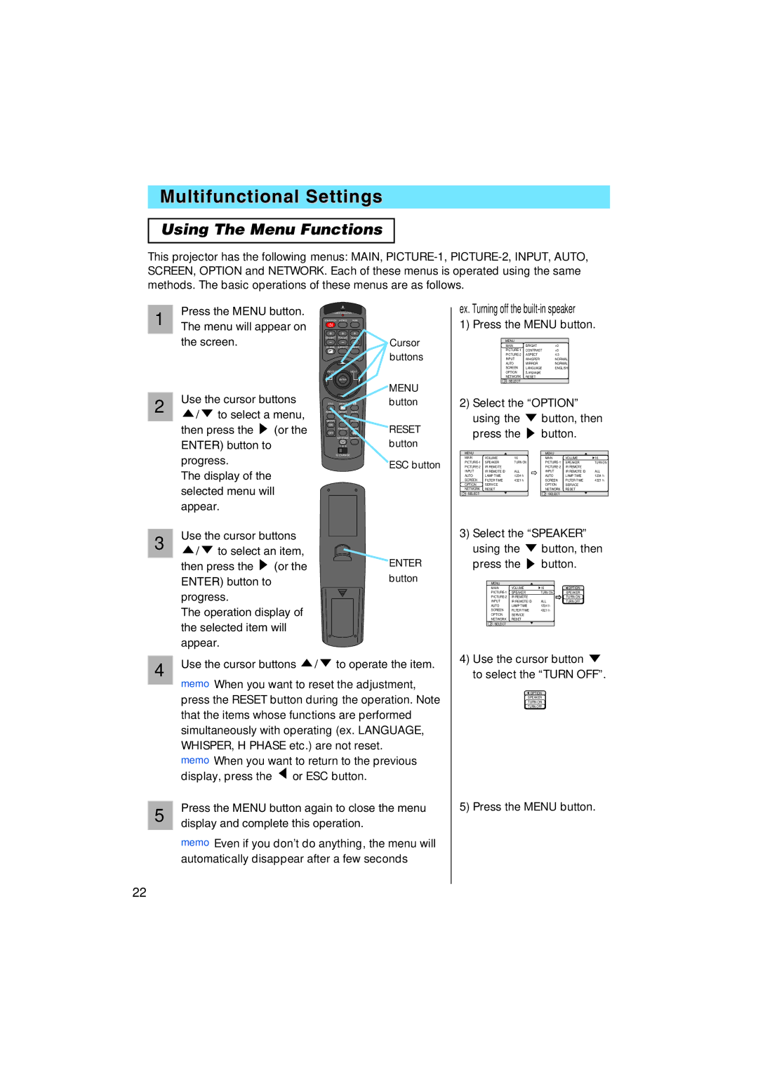 Dukane 8935 user manual Multifunctional Settings, Using The Menu Functions, Ex. Turning off the built-in speaker 