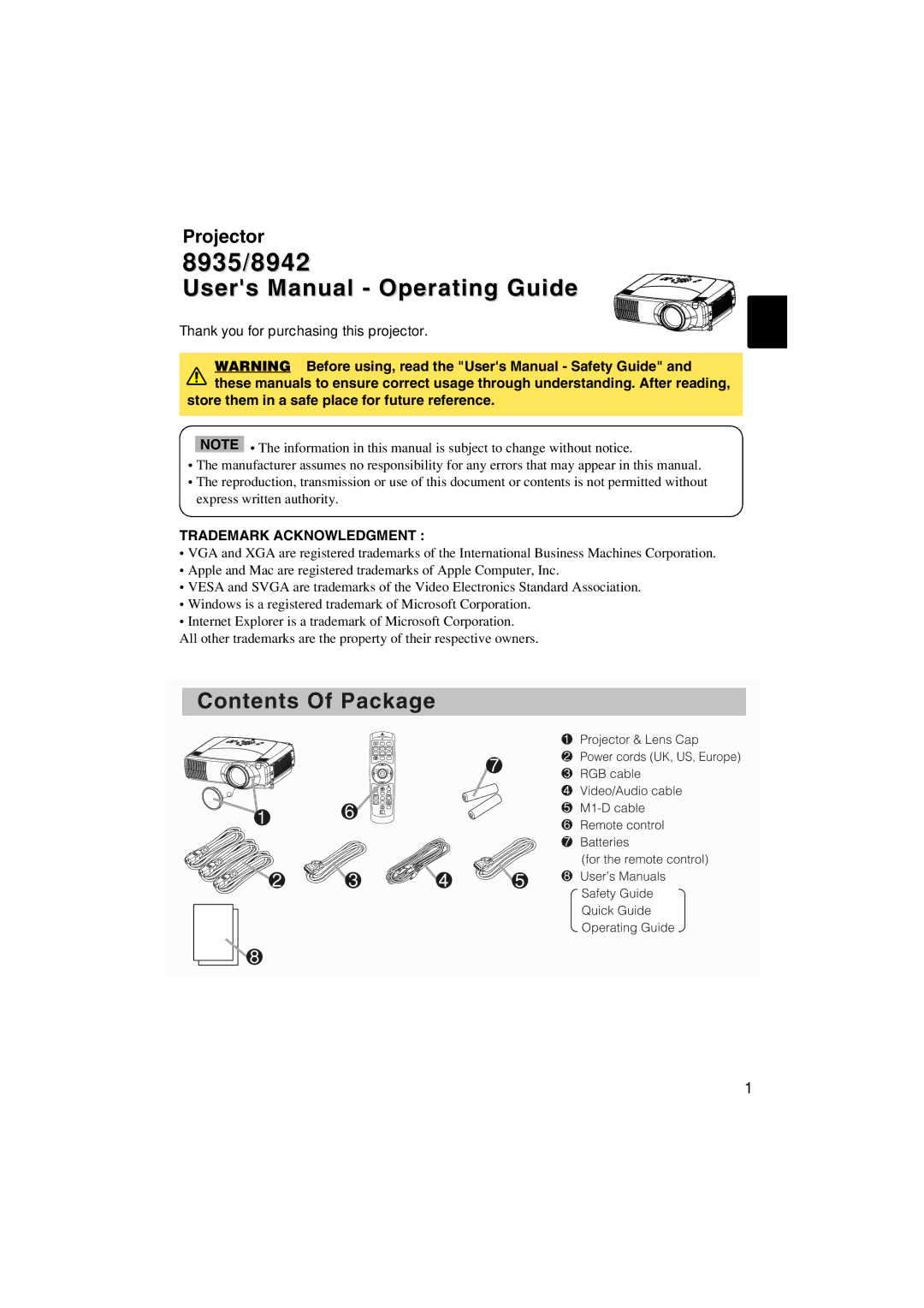 Dukane 8935 user manual Thank you for purchasing this projector, Store them in a safe place for future reference 