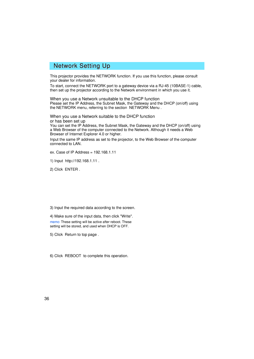 Dukane 8935 Network Setting Up, Ex. Case of IP Address =, Click Return to top Click Reboot to complete this operation 