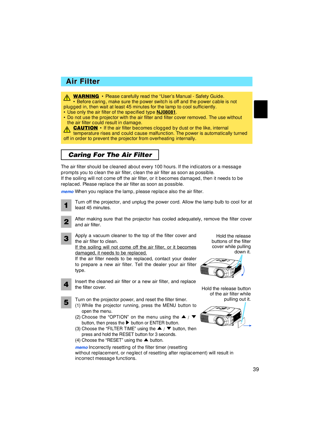 Dukane 8935 user manual Caring For The Air Filter 