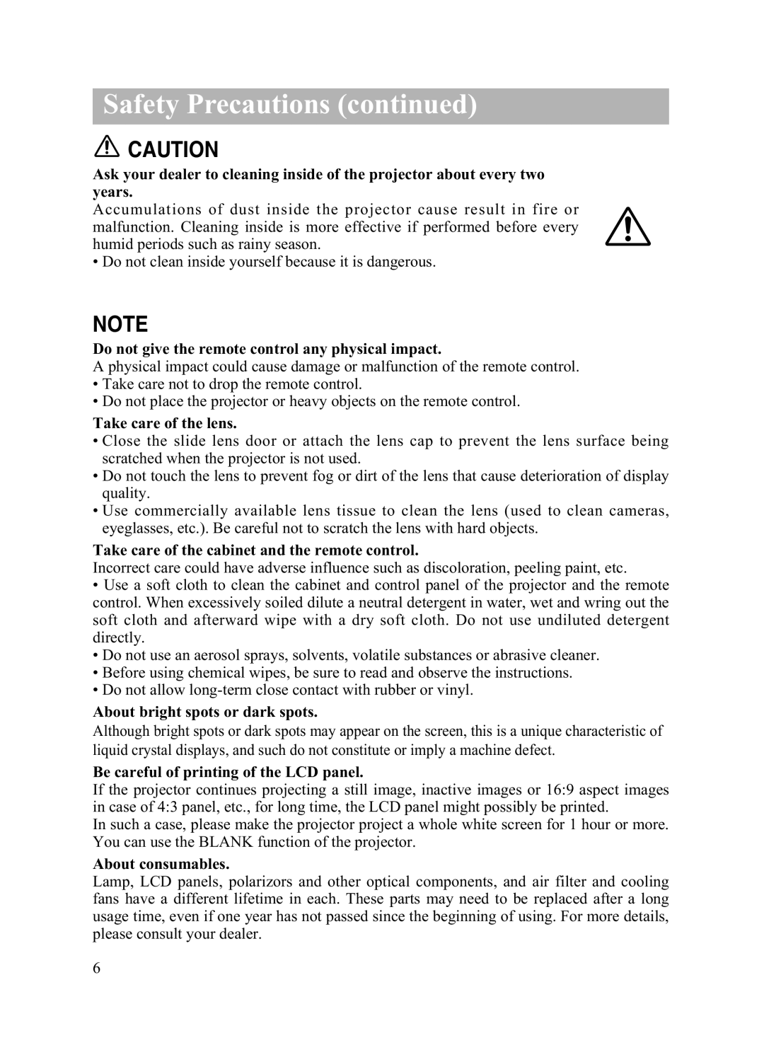 Dukane 8935 Do not give the remote control any physical impact, Take care of the lens, About bright spots or dark spots 