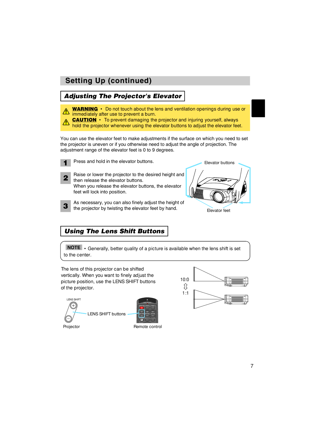 Dukane 8935 user manual Adjusting The Projectors Elevator, Using The Lens Shift Buttons 