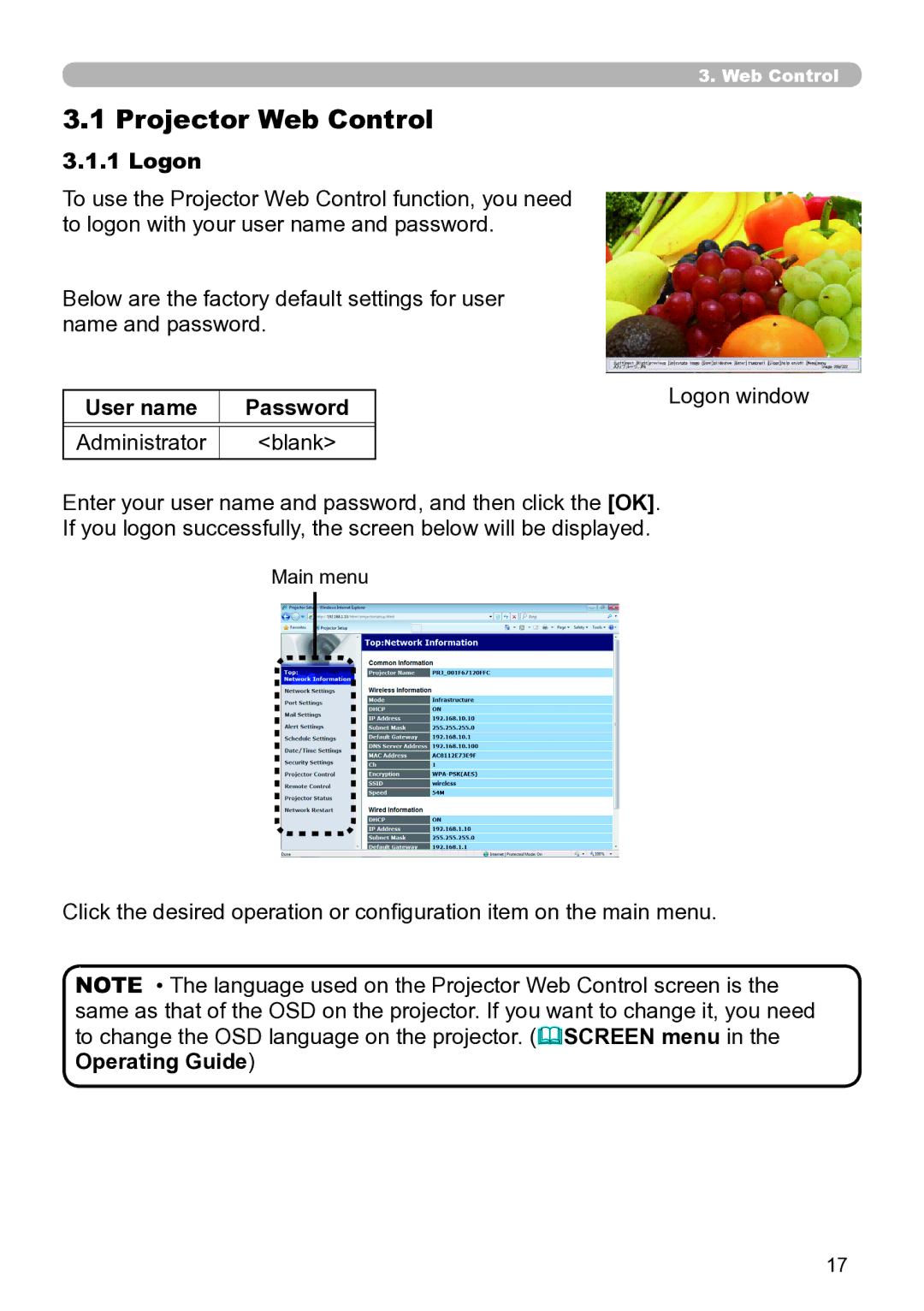 Dukane 8930, 8937, 8931W, 8929W, 8755N user manual Projector Web Control, Logon, User name Password Administrator Blank 