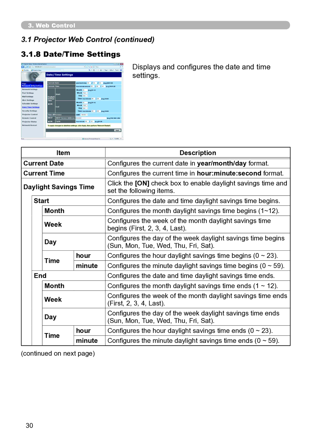 Dukane 8937, 8931W, 8930, 8929W Date/Time Settings, Displays and configures the date and time settings, First, 2, 3, 4, Last 