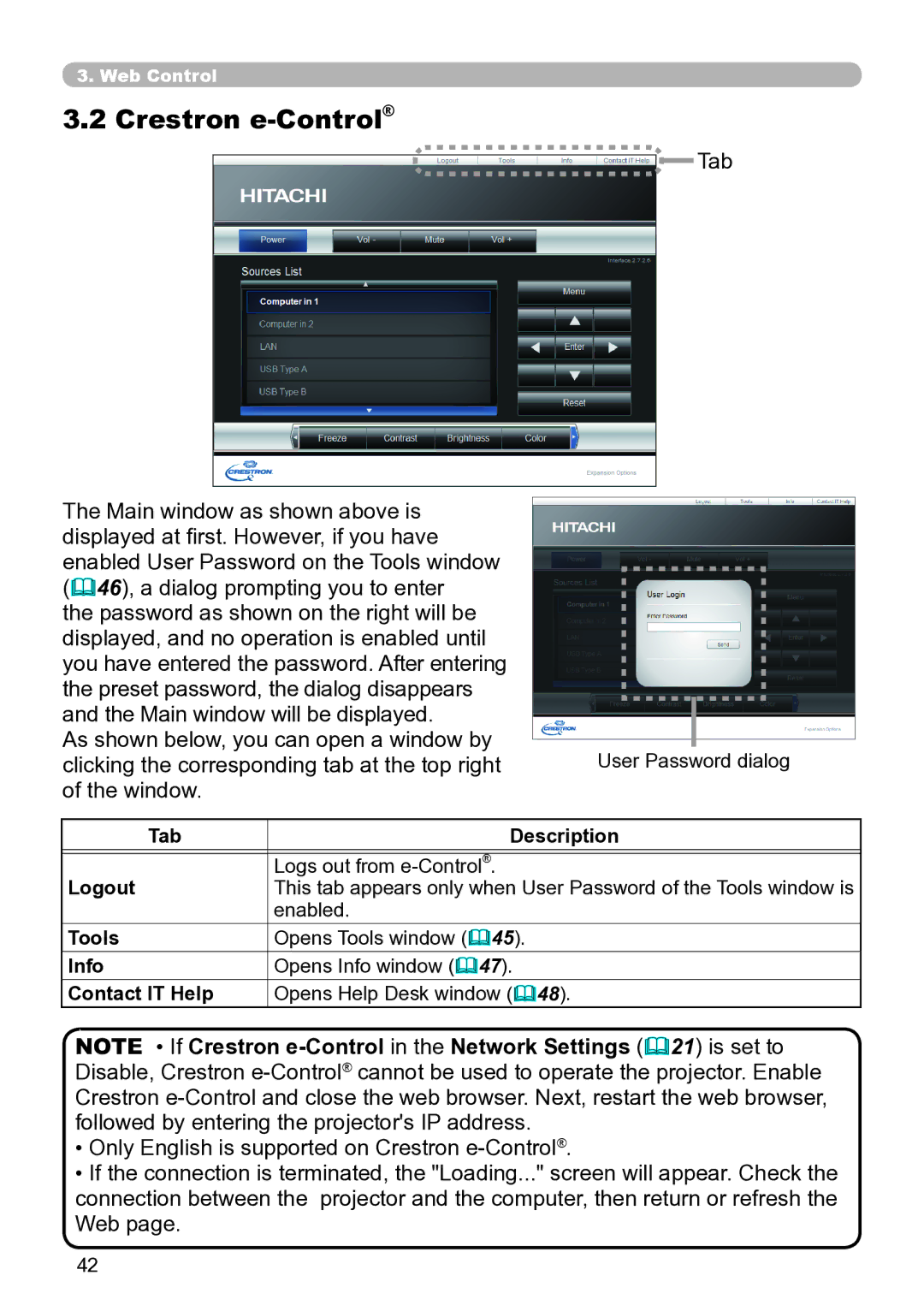 Dukane 8930, 8937, 8931W, 8929W, 8755N user manual Crestron e-Control, Clicking the corresponding tab at the top right, Window 