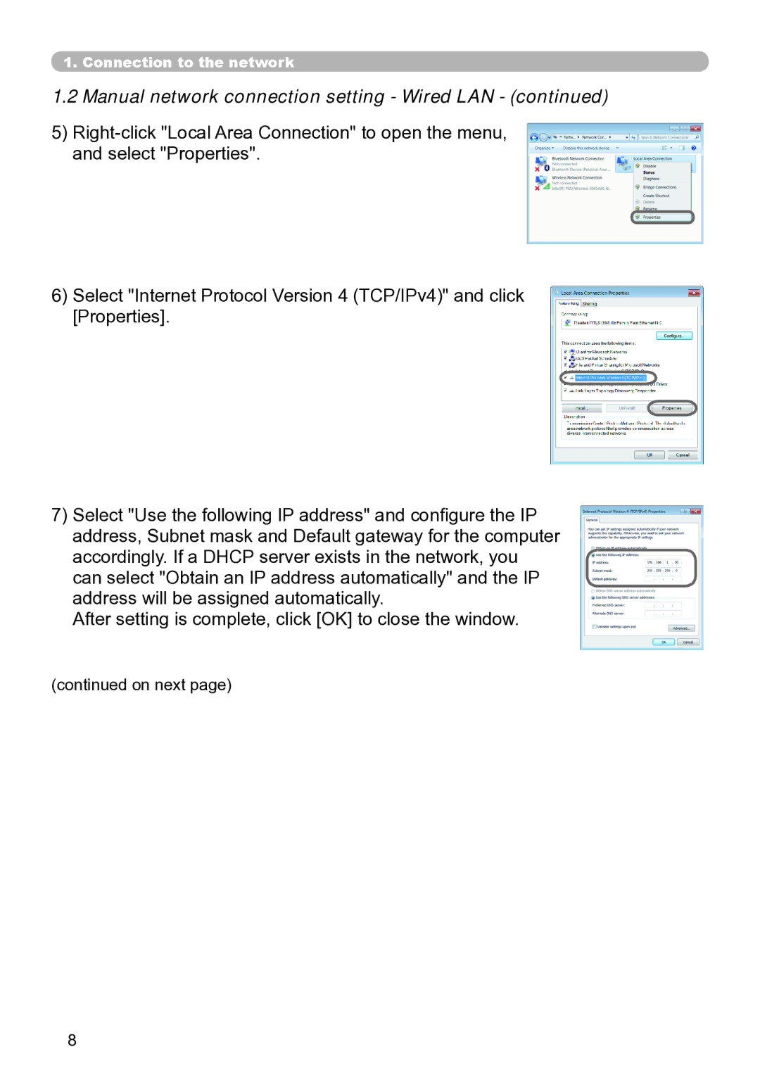 Dukane 8929W, 8937, 8931W, 8930, 8755N user manual Manual network connection setting Wired LAN 