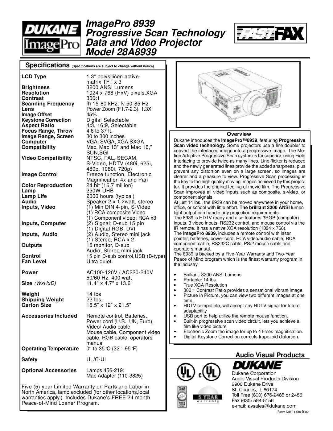 Dukane 8939 specifications Audio Visual Products 