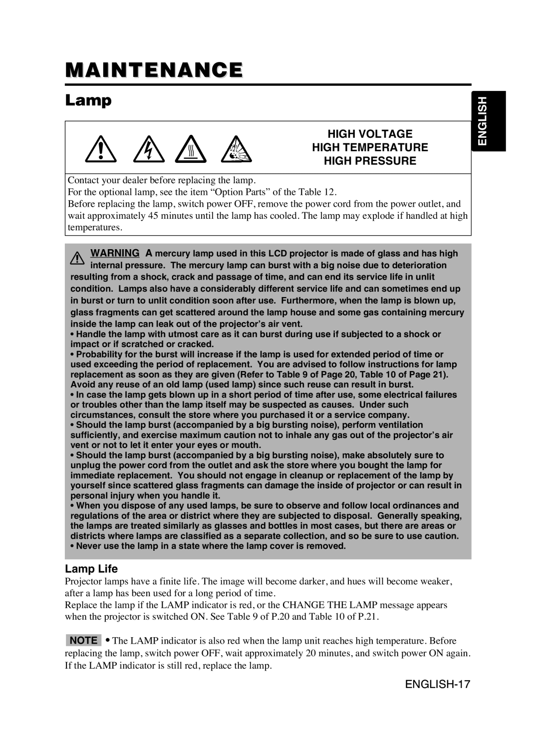 Dukane 28A8941, 8941A user manual Maintenance, Lamp Life 