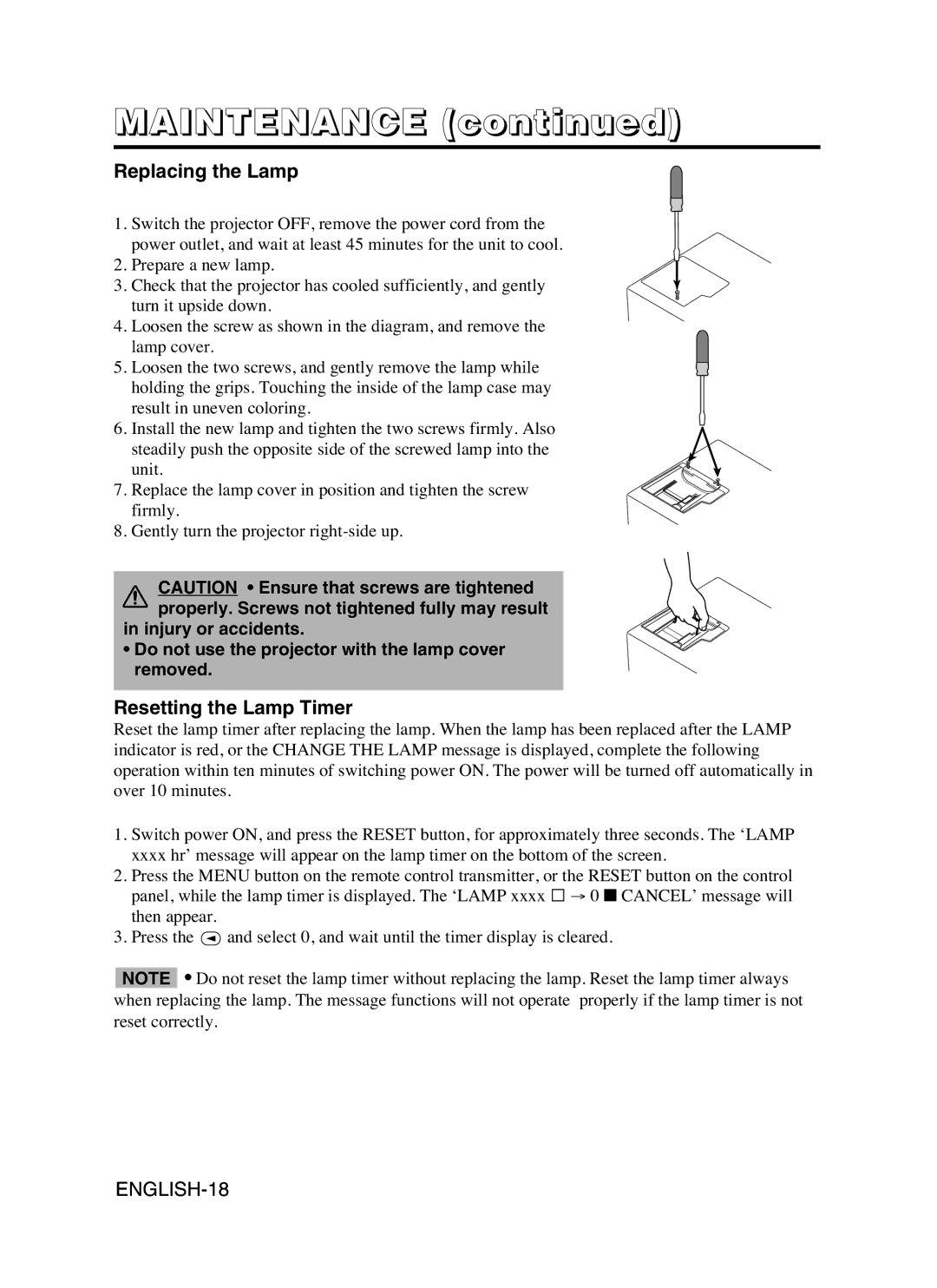 Dukane 8941A, 28A8941 user manual Maintenance, Replacing the Lamp, Resetting the Lamp Timer 