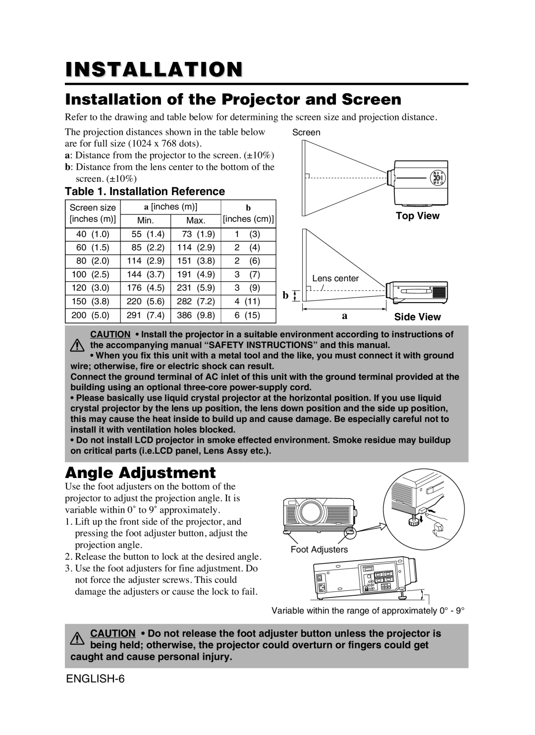 Dukane 8941A, 28A8941 user manual Installation of the Projector and Screen, Angle Adjustment, Installation Reference 