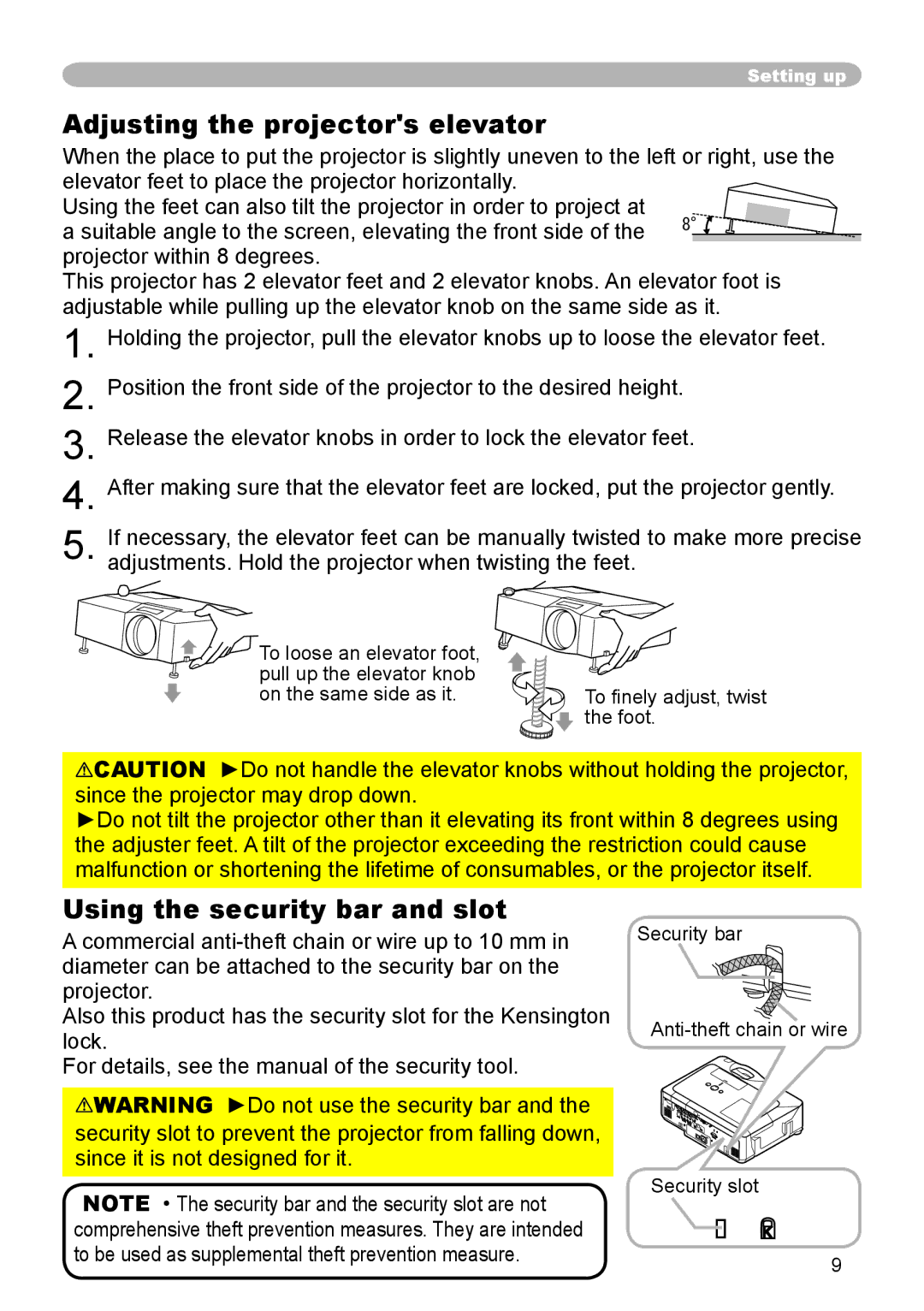 Dukane 8943, 8918 user manual Adjusting the projectors elevator, Using the security bar and slot, Foot 